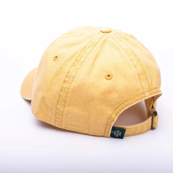 Mustard yellow Sol Mate dad hat viewed from the back with an adjustable strap.