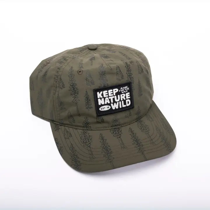 Olive Conifers Trail Hat with pine tree pattern and Keep Nature Wild patch