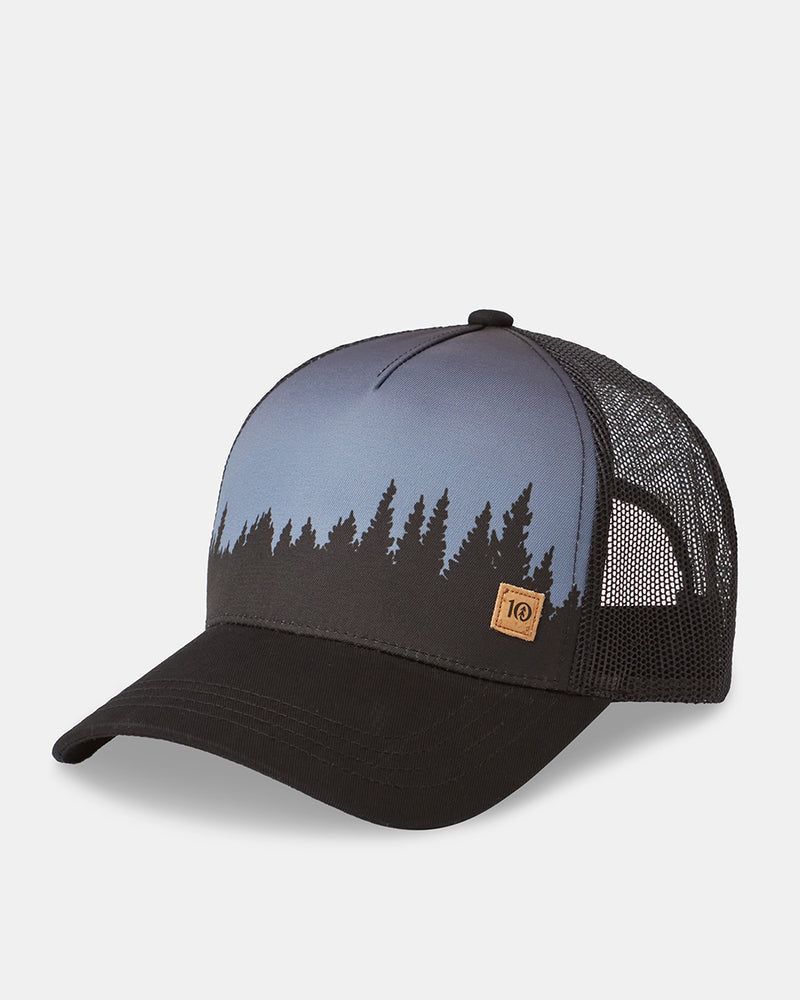 Juniper Altitude Trucker Hat with gradient blue front panel black forest silhouette and black mesh back
