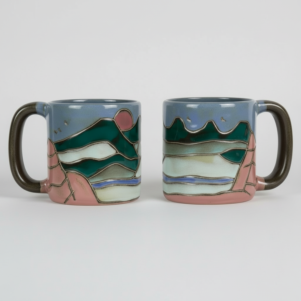 ceramic mug with artistic mountain designs on a white background