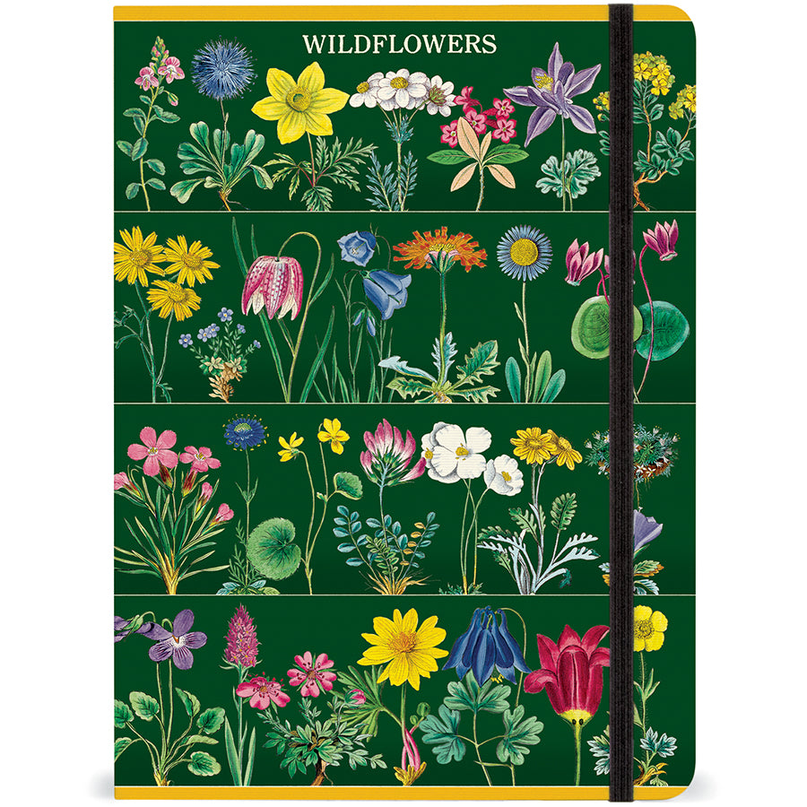 Full front view of Wildflowers Vintage Notebook Large green floral collage with yellow borders and a black elastic strap