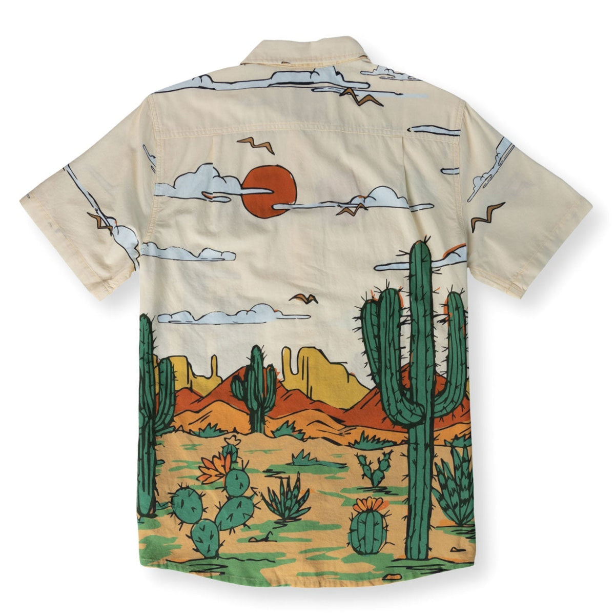 Back view of cream desert print button-up shirt laid flat, displaying cactus and desert scene.