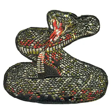 Embroidered rattlesnake patch with a coiled dark snake and open mouth for clothing