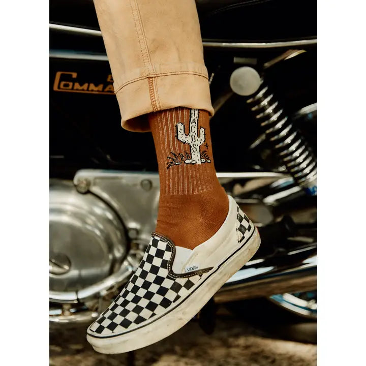 Brown Cactus Taco Crew Sock with a white cactus graphic, worn with rolled tan pants and a checkered Vans sneaker.