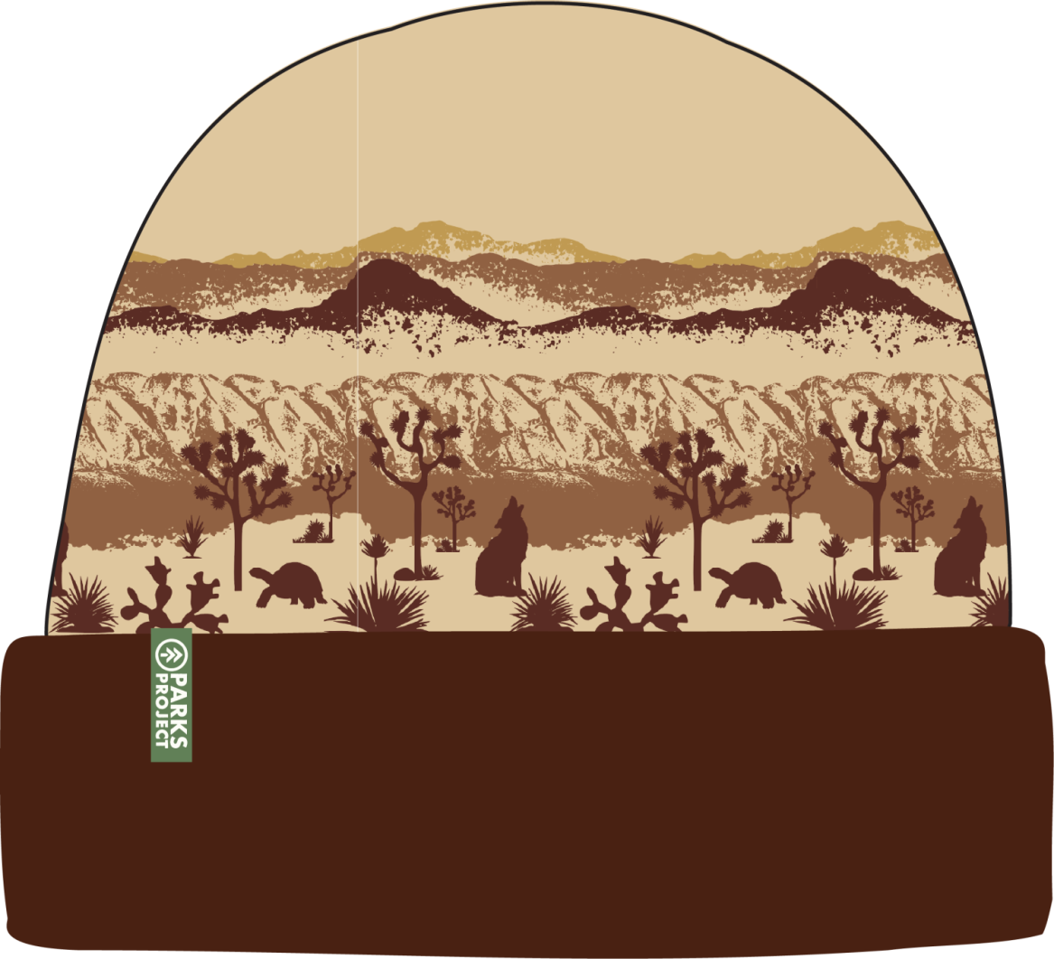 Desert Joshua Tree landscape print beanie in tan and brown with a Parks Project tag