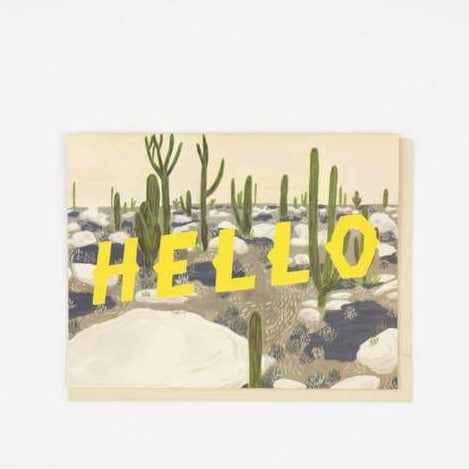 Desert landscape greeting card with tall cacti and bold yellow HELLO across