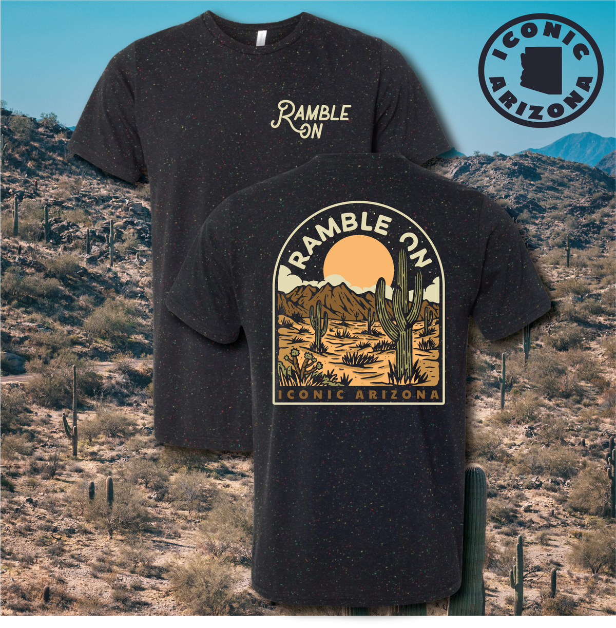 Dark speckled T shirt with a circular desert scene and Ramble On branding from Iconic Arizona
