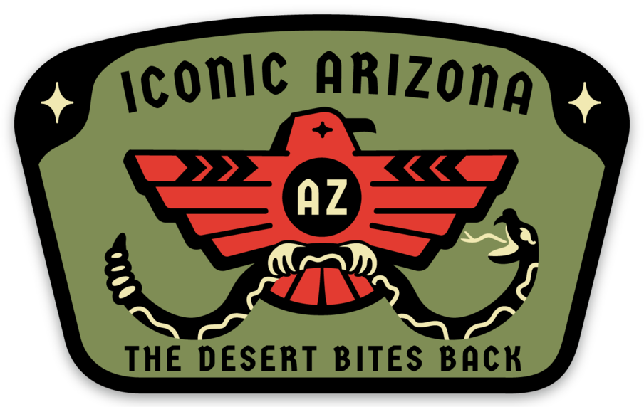 Iconic Arizona Desert Bites Back sticker with a red winged emblem and AZ in a circle on olive background