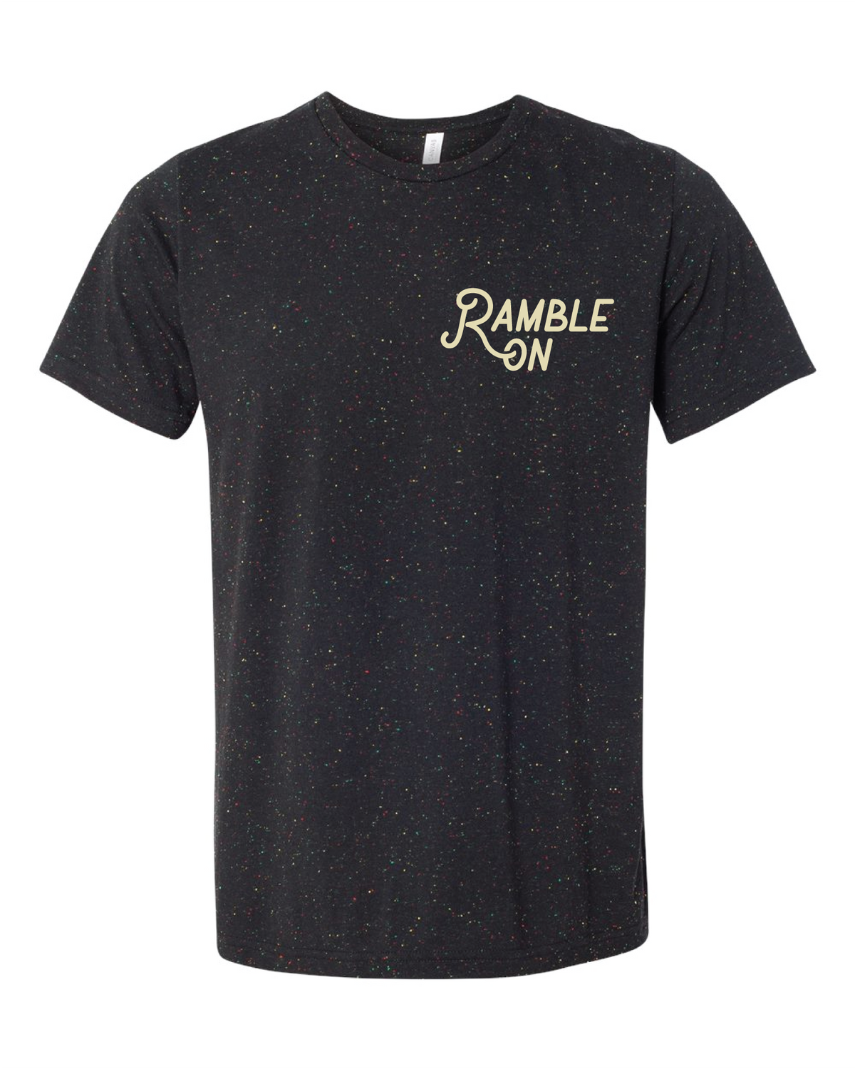 Front view of the tee with beige Ramble On logo on the chest against the dark speckled fabric