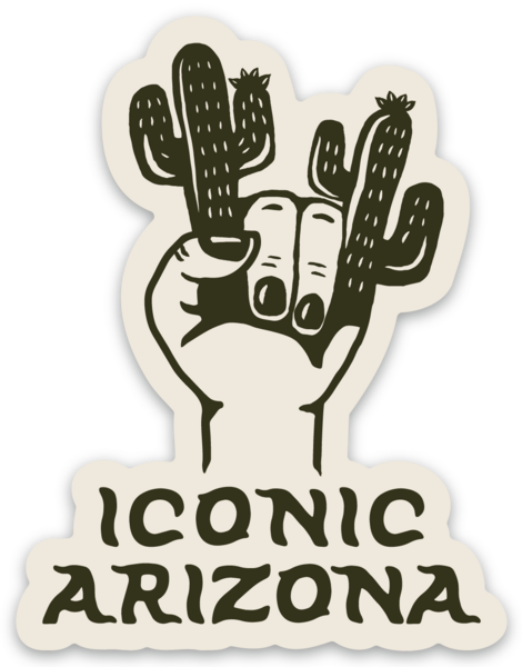 Cream sticker showing a hand making the rock on gesture among cacti with Iconic Arizona at the bottom.