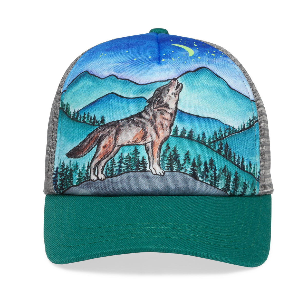 Kids' Lone Wolf trucker hat front panel depicting a lone wolf with mountains and pine forest