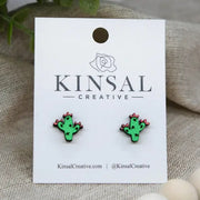 Wooden Blooming Saguaro Earrings