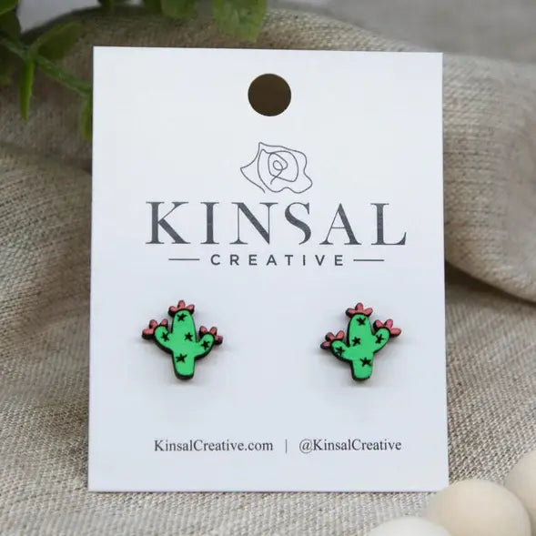 Wooden Blooming Saguaro Earrings