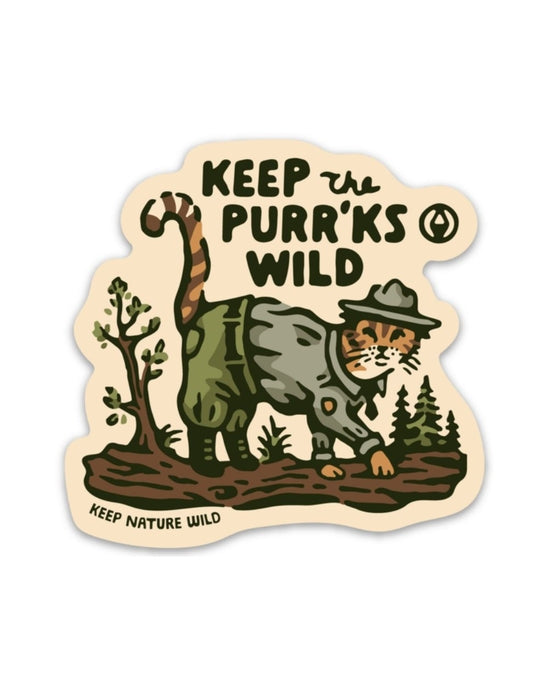 Sticker featuring a cat in outdoor gear prowling through a forest scene with Keep the Purrks Wild.