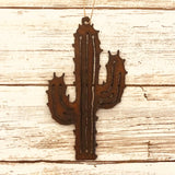 Rustic metal spiky saguaro cactus ornament hanging from twine