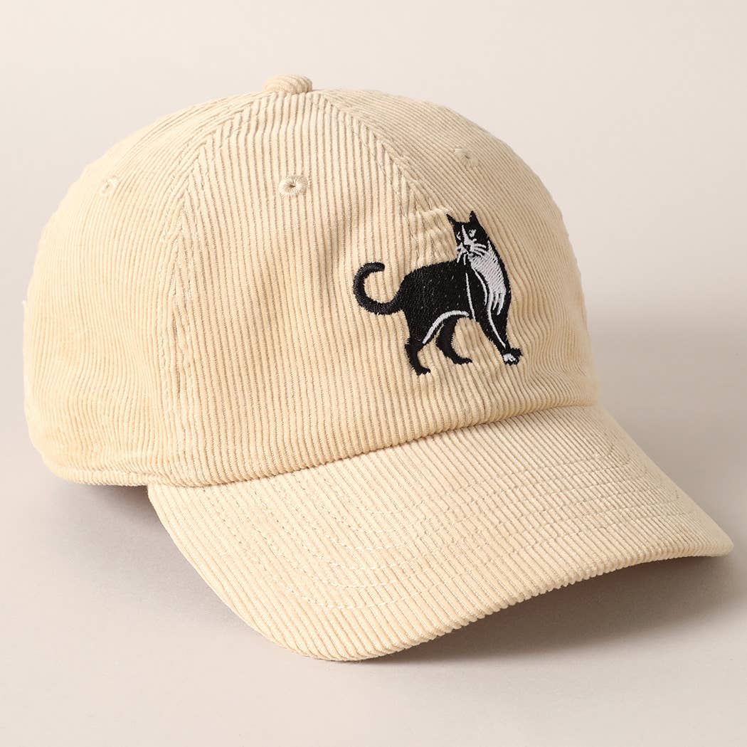 Tuxedo Cat Embroidery Corduroy Baseball Cap