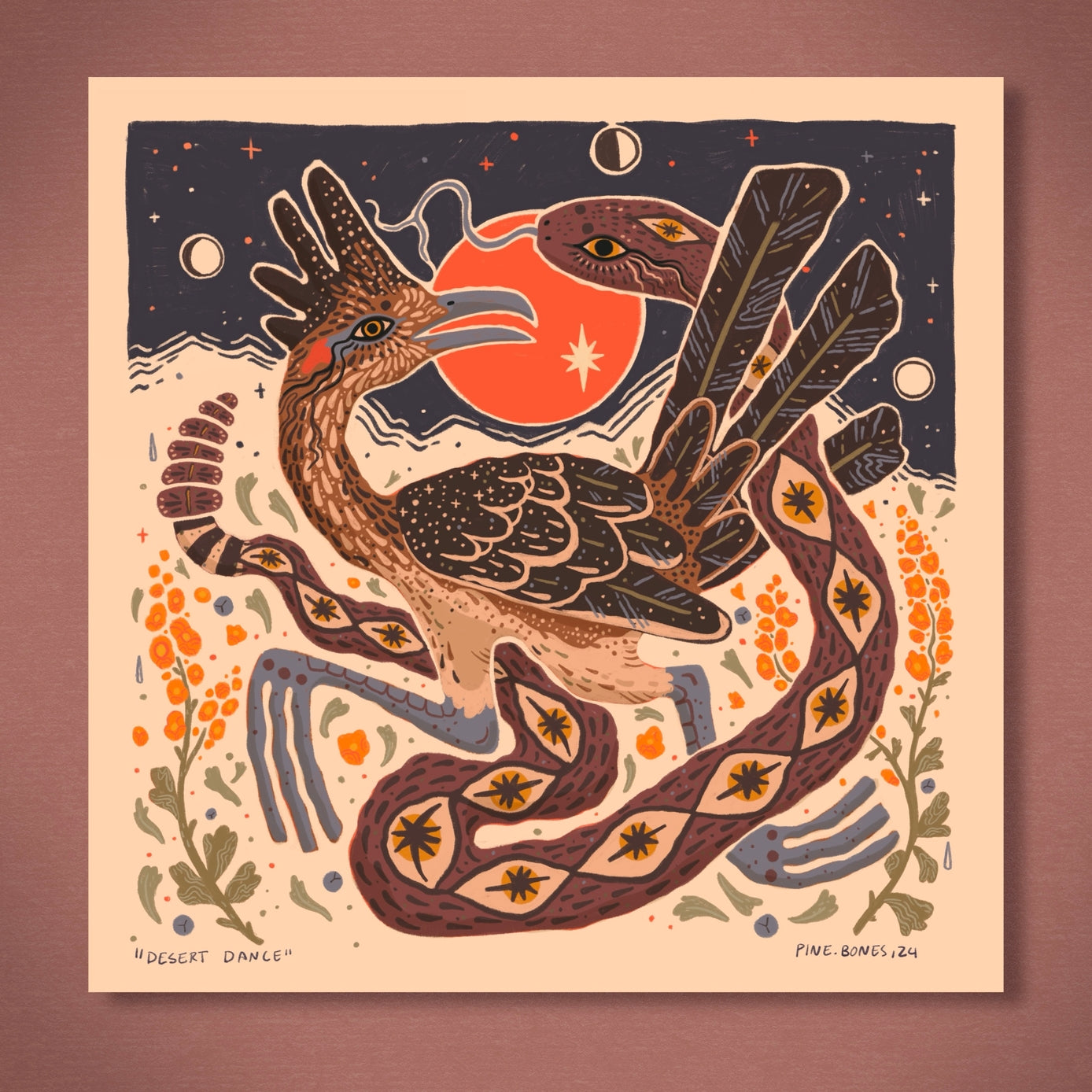 Desert Dance Roadrunner & Rattlesnake - 8x8 Art Print
