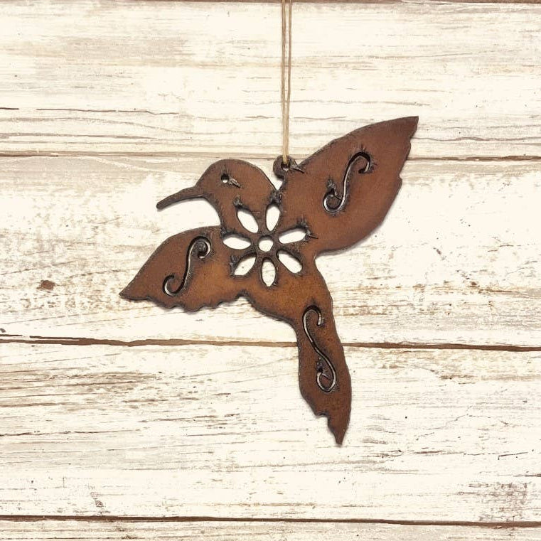Floral Hummingbird Rustic Metal Ornament