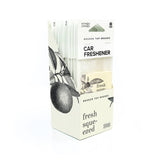 Fresh squeezed orange cactus car air freshener in white packaging with citrus illustration