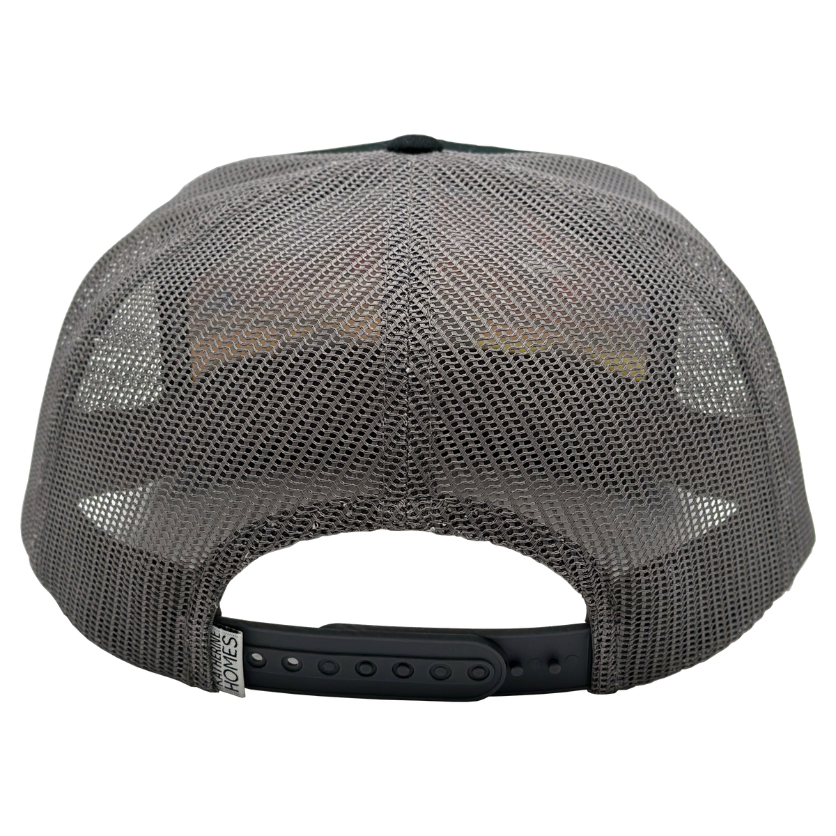Rear view of gray mesh Bison & Prairielands trucker hat with adjustable snap strap
