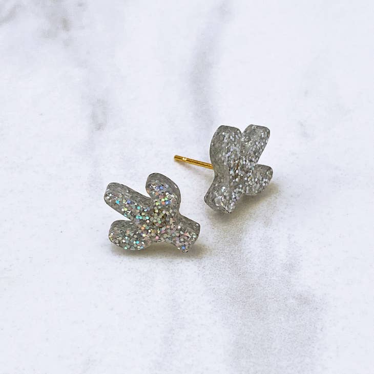 Glittery silver cactus stud earrings with gold posts