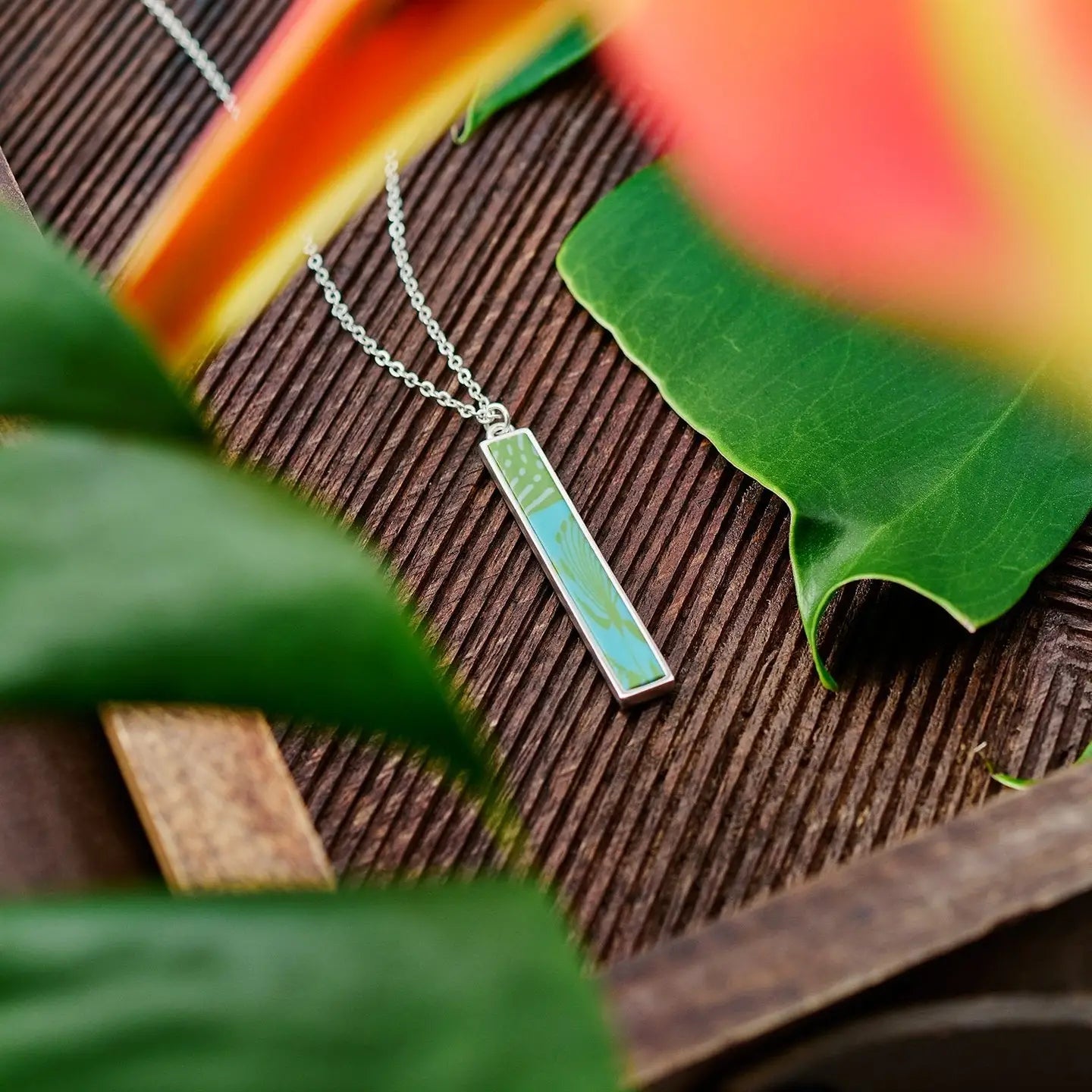 Tropical Green Reversible Bar Necklace - Vertical