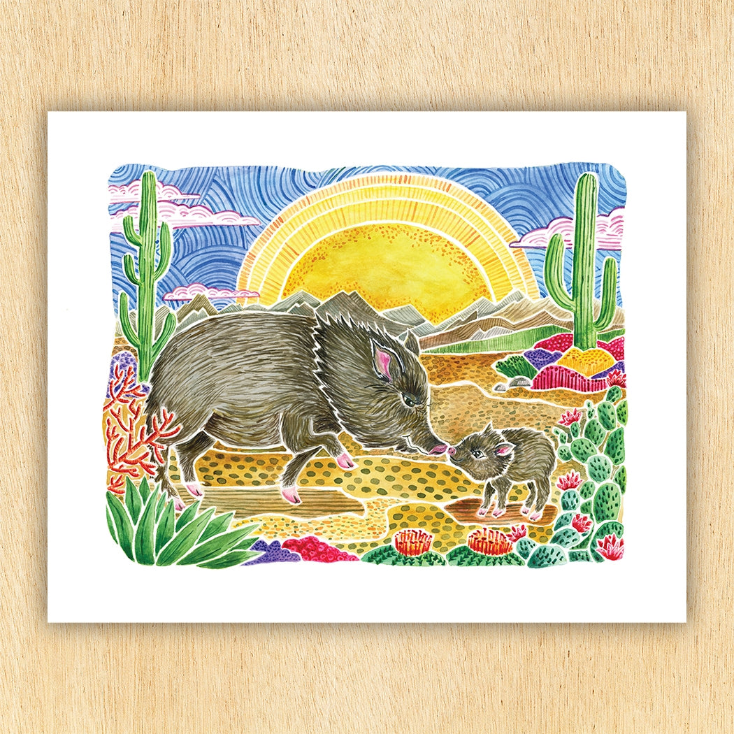 Javelina Mom & Baby Desert Scene 8x10 Southwest Wall Art Print
