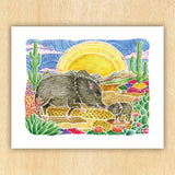 Javelina Mom & Baby Desert Scene 8x10 Southwest Wall Art Print