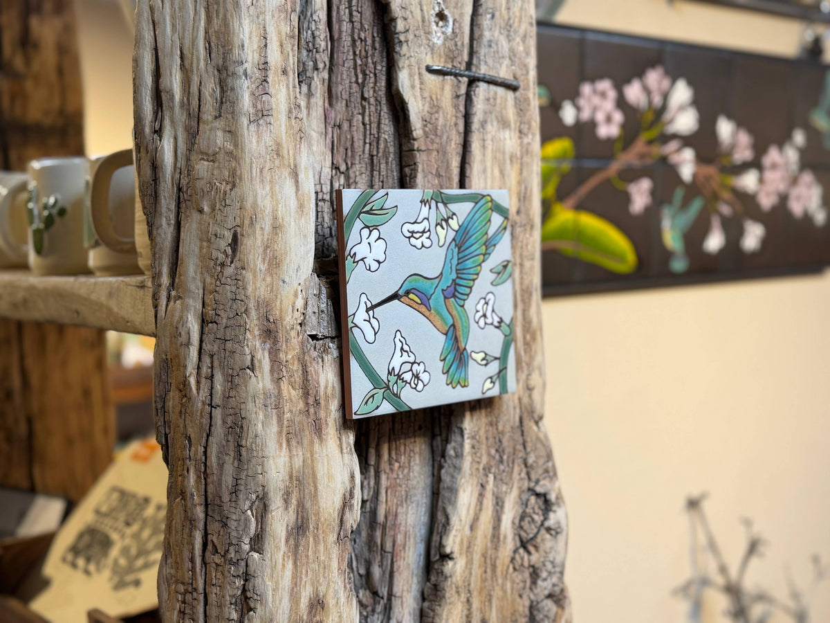 Hummingbird with Trumpet Flowers Hand-Glazed Art Tile Trivet