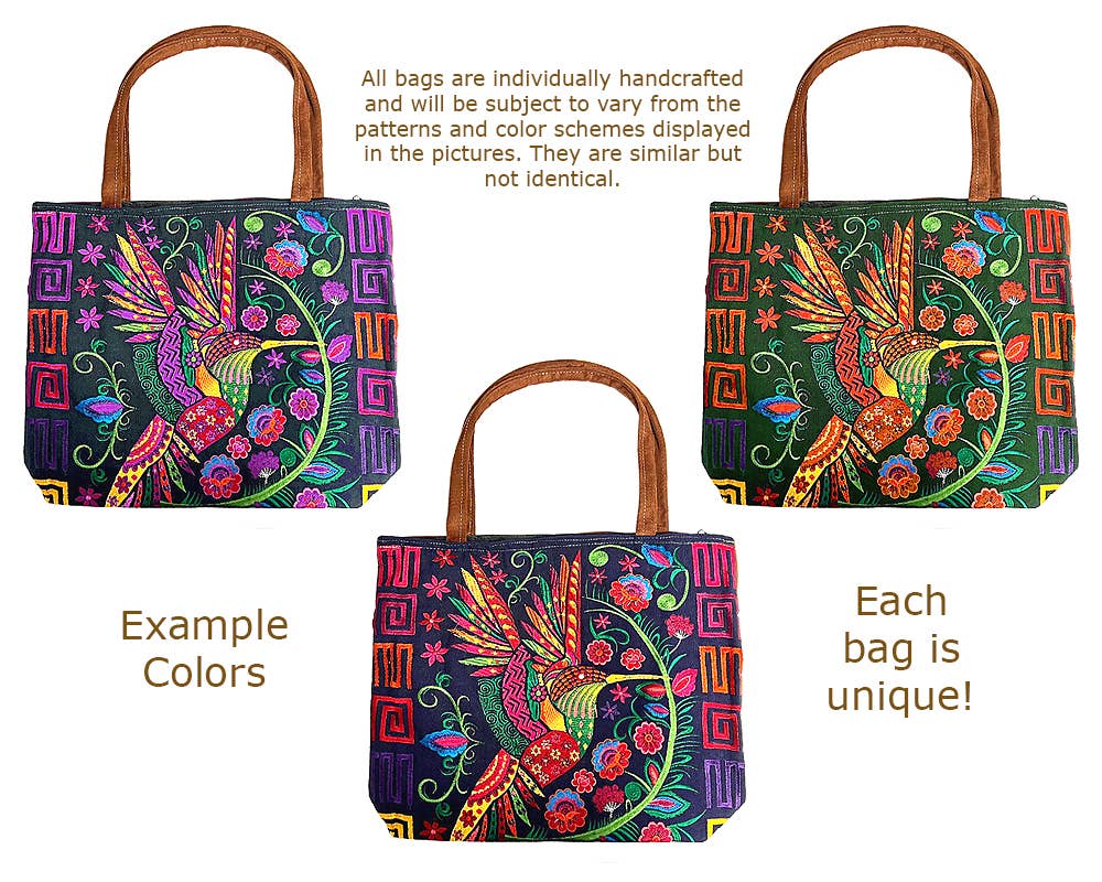 Embroidered Floral Hummingbird 2 Large Suede Purse Tote Bag
