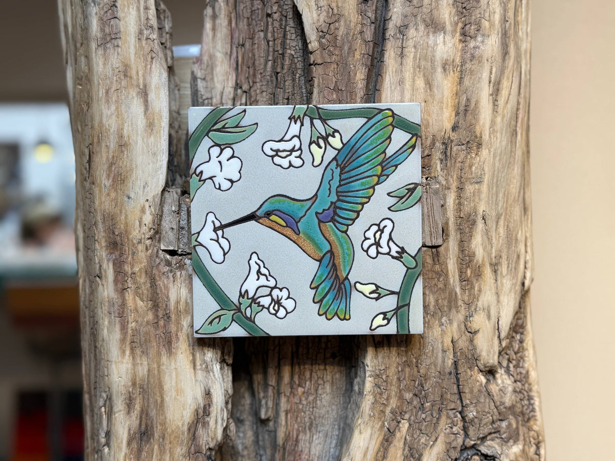 Hummingbird with Trumpet Flowers Hand-Glazed Art Tile Trivet