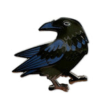 Common raven enamel pin mounted on a card with the Bird Collective logo