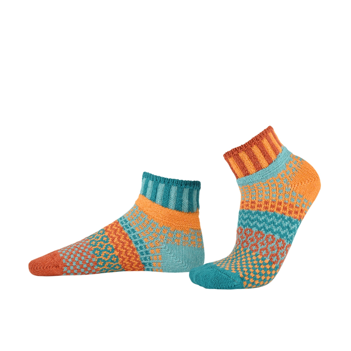 Pair of multicolor eco friendly quarter socks featuring turquoise and orange geometric patterns.