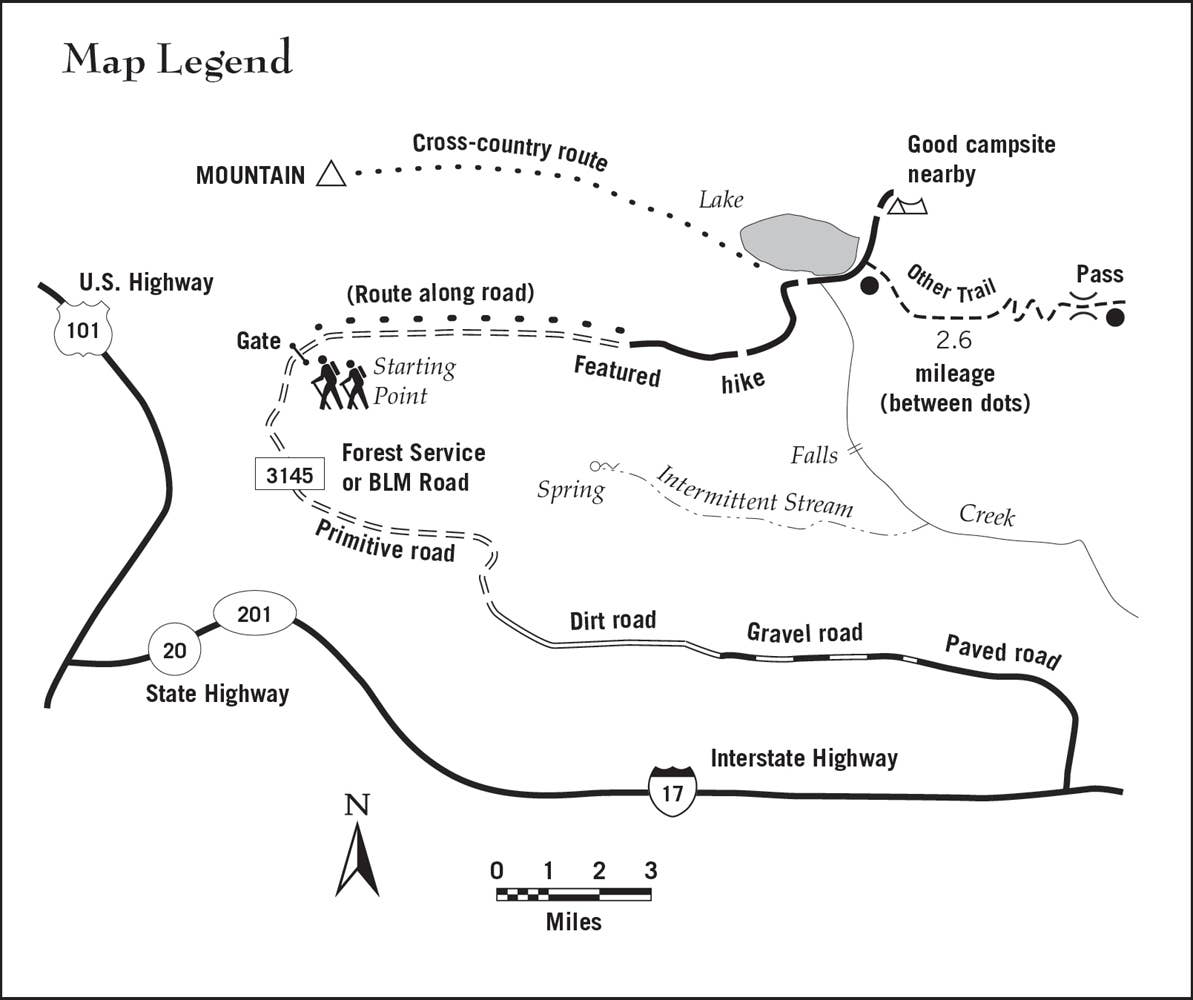 Map Legend describing hikes starting point trails and road types for the backpacking Arizona map.