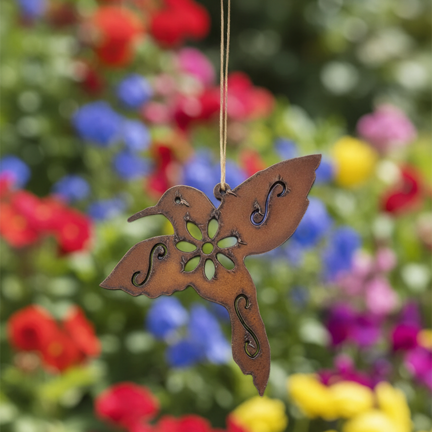 Floral Hummingbird Rustic Metal Ornament