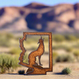 Rusty metal standee of the Arizona outline with a coyote silhouette inside