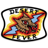 Desert Fever sticker featuring a snarling dragon head with a fiery yellow background and bold Desert Fever text