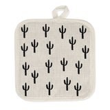 White square pot holder with repeating black saguaro cactus pattern.