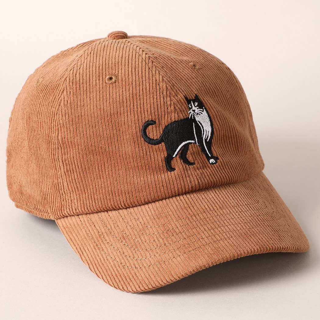 Tuxedo Cat Embroidery Corduroy Baseball Cap