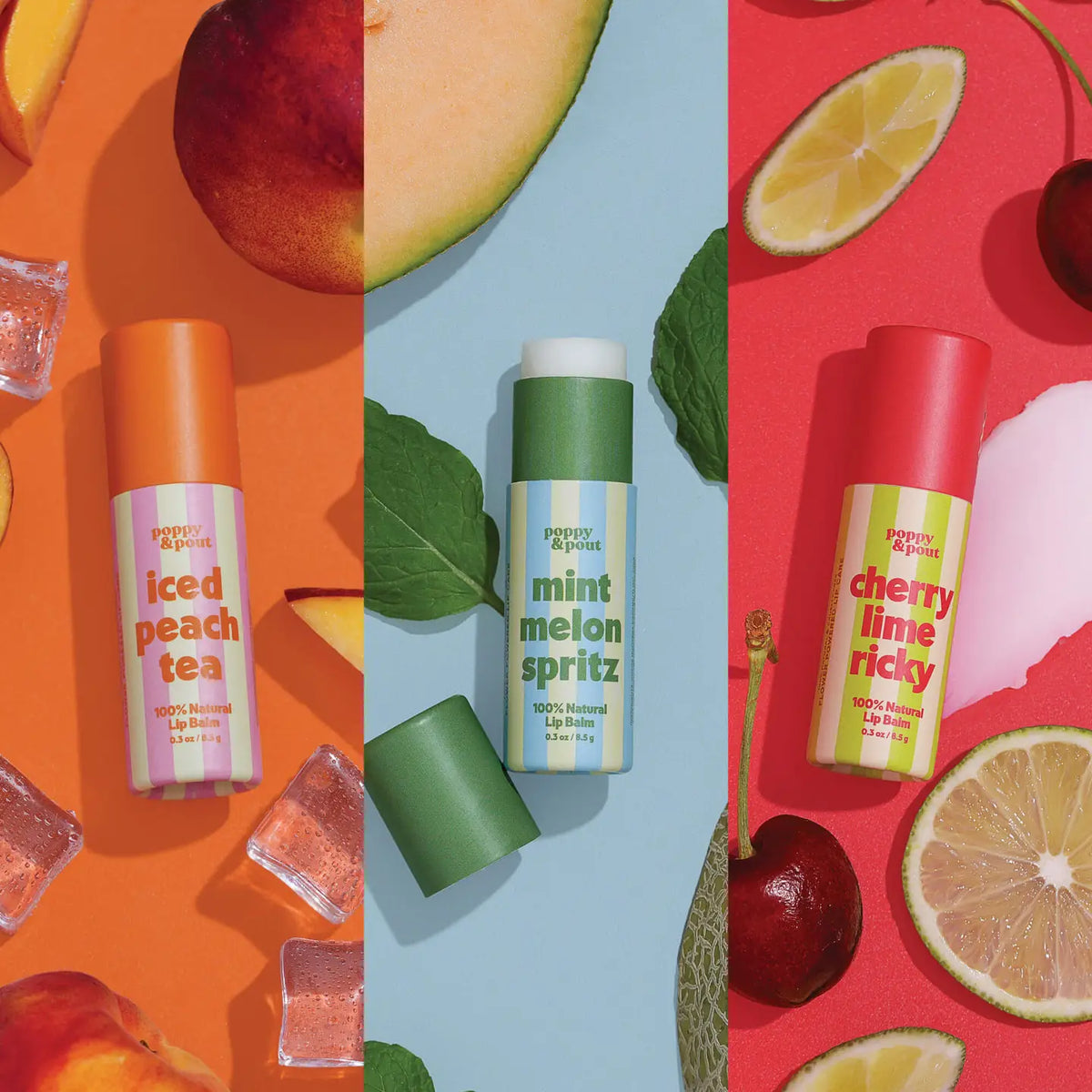 Three Retro Refreshers lip balms iced peach tea mint melon spritz and cherry lime ricky on a bright three panel background with fruit.