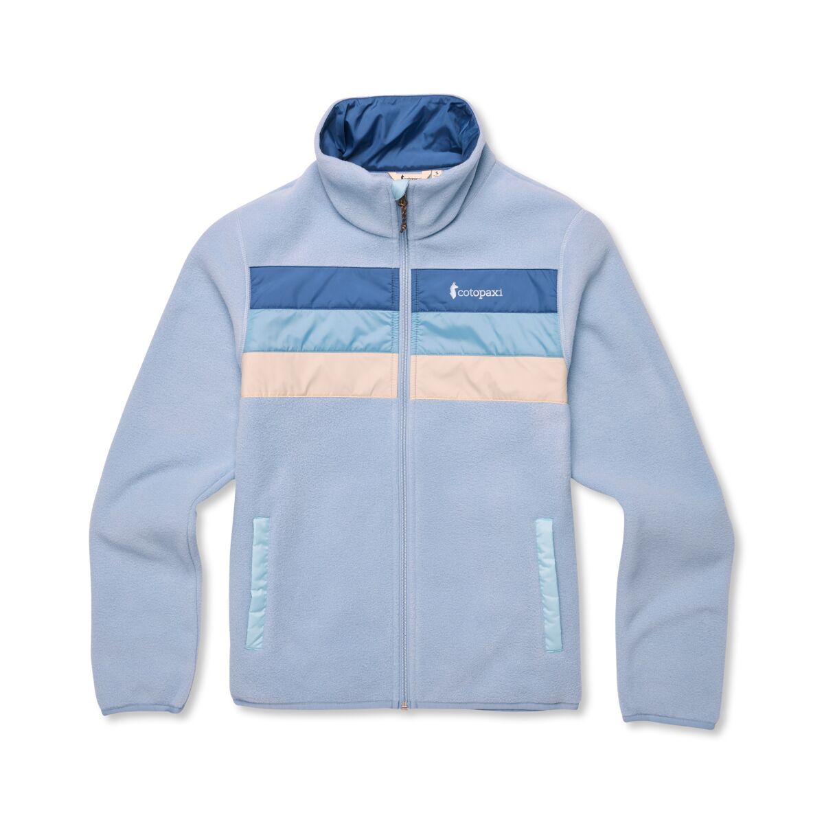 Front view of Cotopaxi Teca Fleece Full Zip Jacket for women in light blue with navy blue, light blue, and peach color blocks