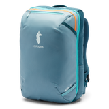 Cotopaxi Allpa 35L travel backpack in light blue with orange and teal accents.