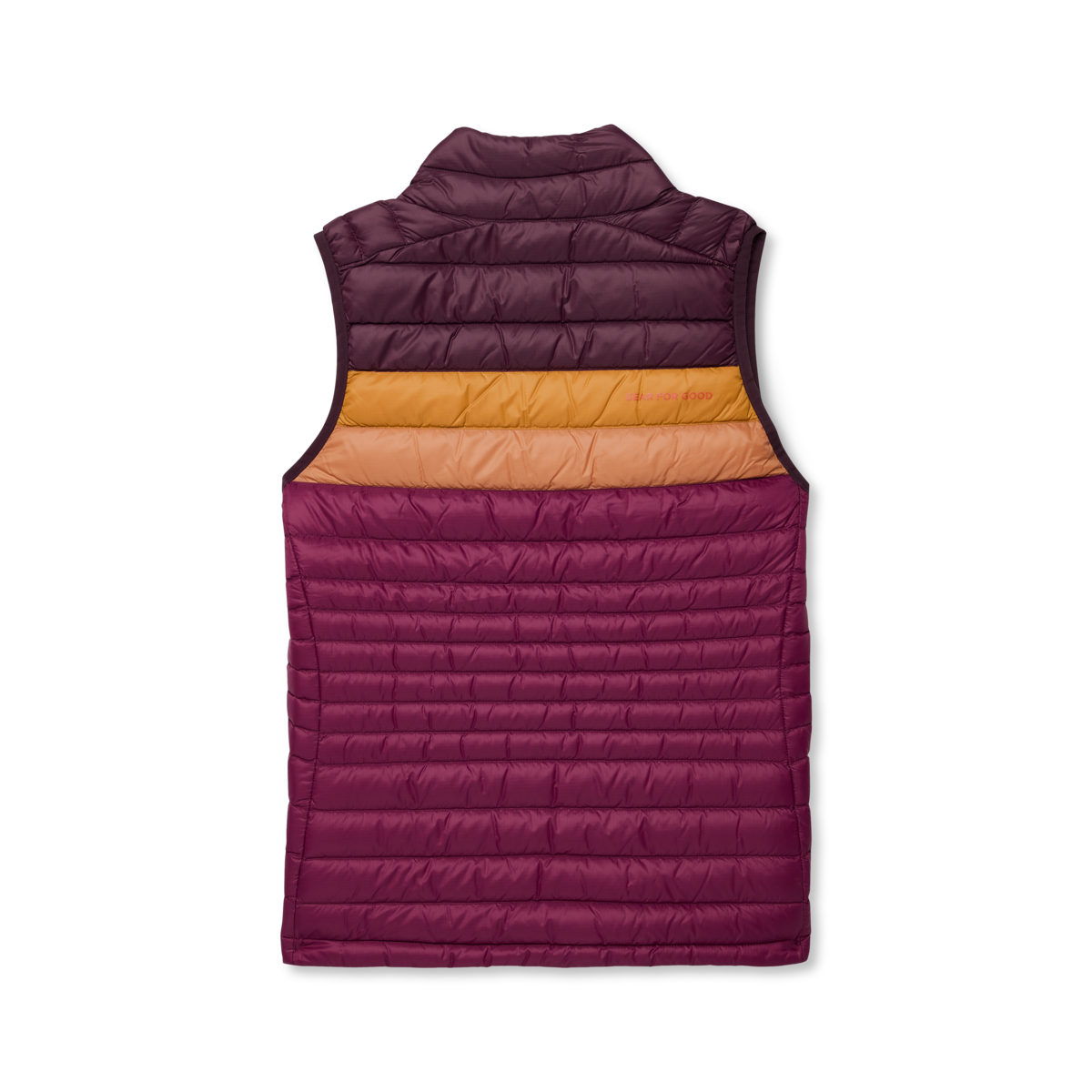 Back view of Cotopaxi Fuego Down Vest with color-block design in deep plum and orange across the chest
