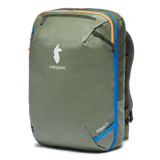 Cotopaxi Allpa 35L travel backpack in olive green with orange and blue zipper accents.