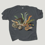 Snakezzz Youth Tee dark gray tee featuring a bold multicolored snake illustration spread across the front
