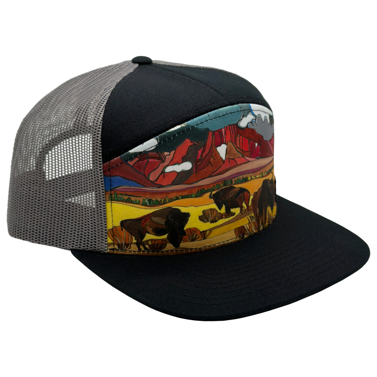 Trucker hat with black front panel featuring a colorful prairie landscape and bison scene, gray mesh back, curved brim
