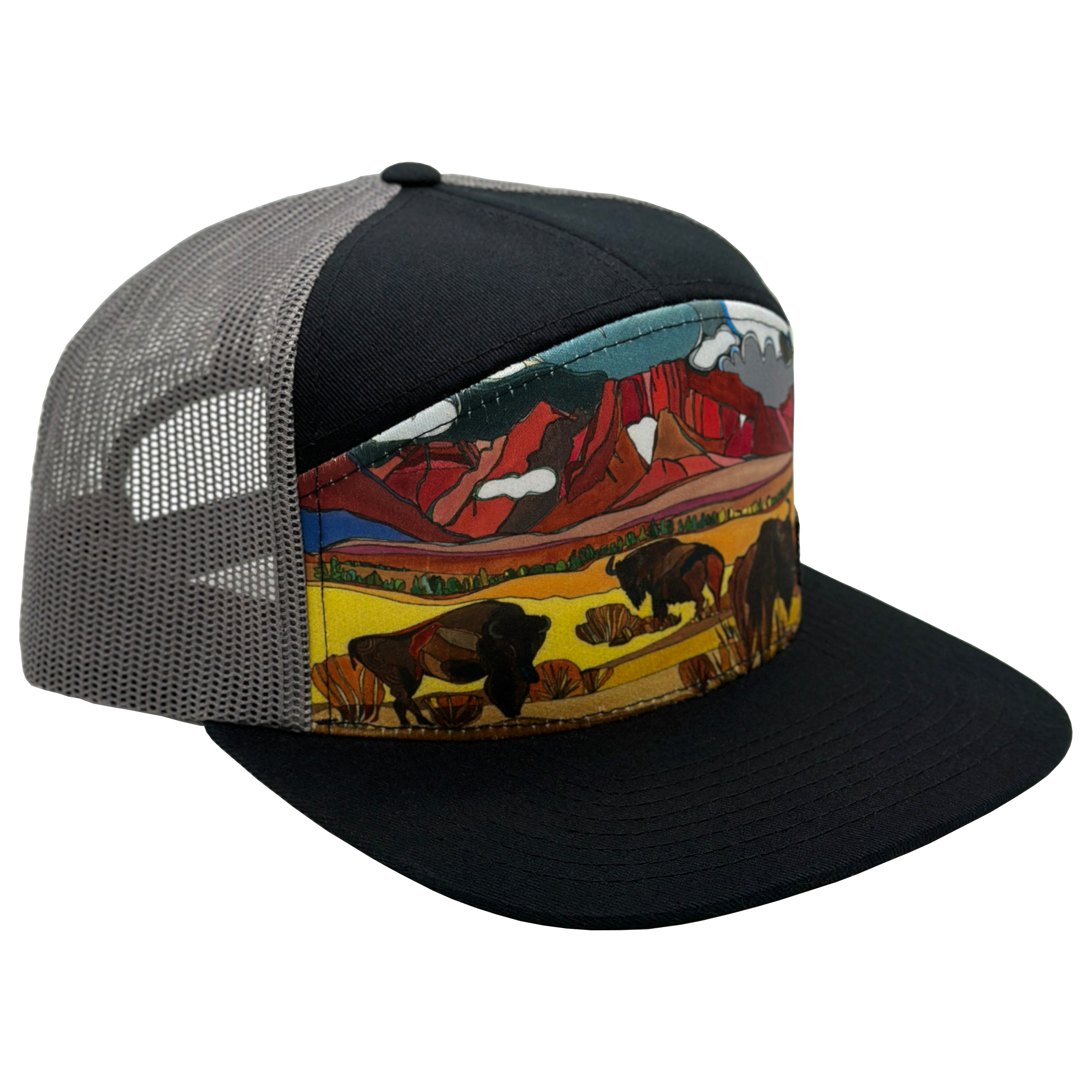 Bison & Prairielands | Black & Grey | 7 Panel Hat