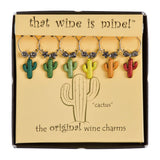 Six painted cactus wine charms on rings with small star and flower accents