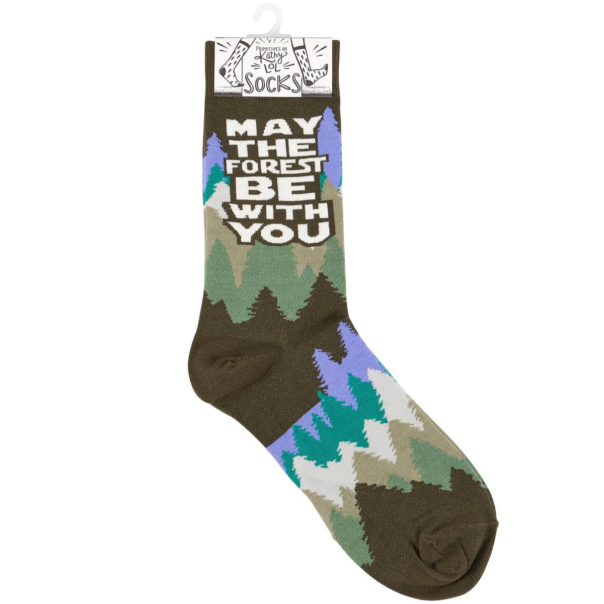 Forest pattern sock with bold white text May the Forest Be With You laid beside an open book on a light surface.