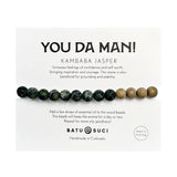 Kambaba Jasper aromatherapy bracelet displayed along a white card with You Da Man title